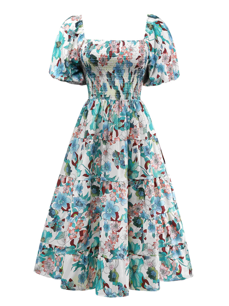 Grün 1950er Blumen Schulterfrei Laternenärmel Bardot Kleid
