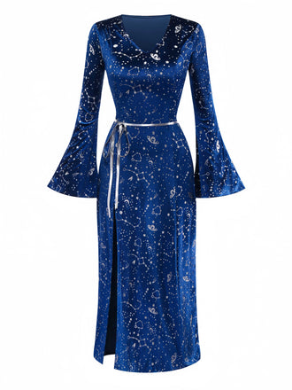 Blau 1970er Halloween Magician Cosplay Schlitz Kleid Mit Hut