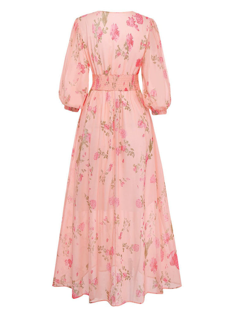 Blassrosa 1930er Blumen V-Ausschnitt Chiffon Kleid
