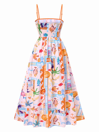 Mehrfarbig 1970er Ozean Live Hosenträger Maxi Kleid