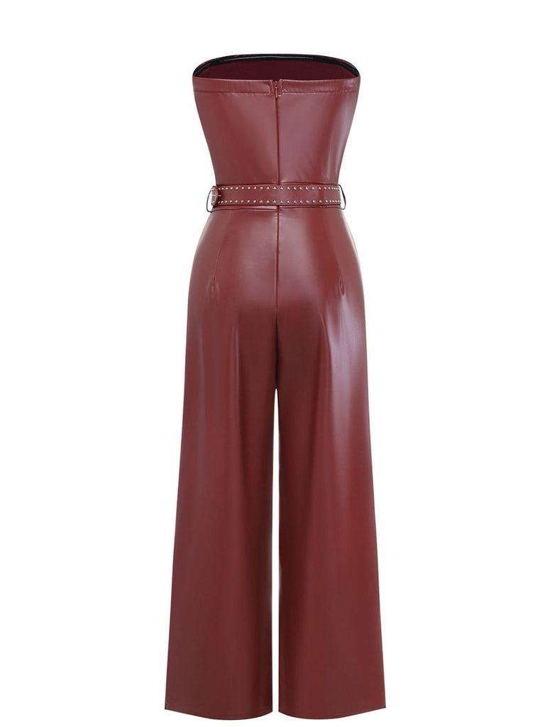 1940er PU Leder Gürtel Trägerlos Jumpsuit