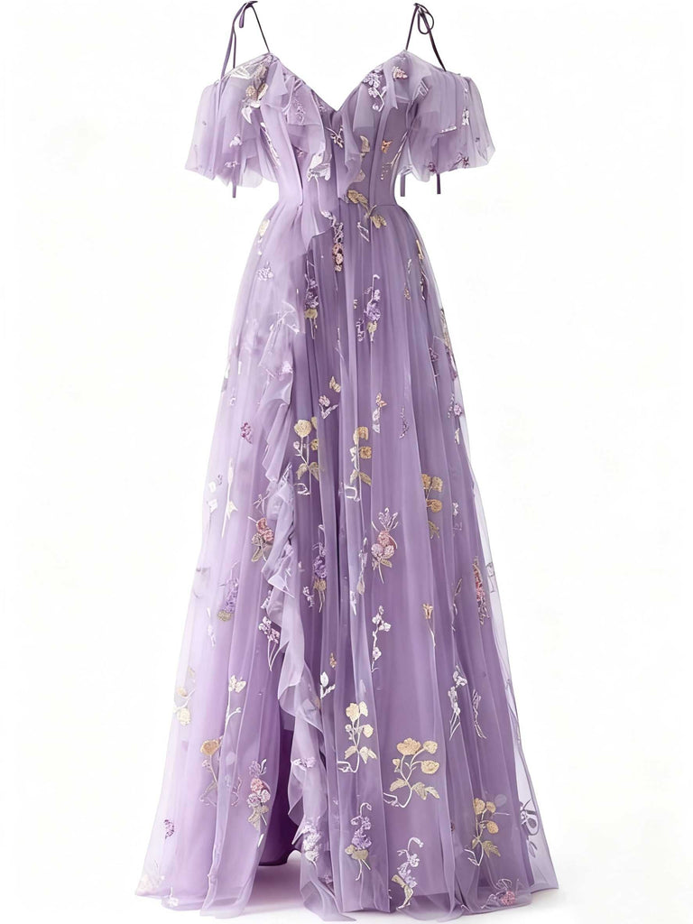 1970er Slip Blumen Besticktes Netz Schlitz Kleid