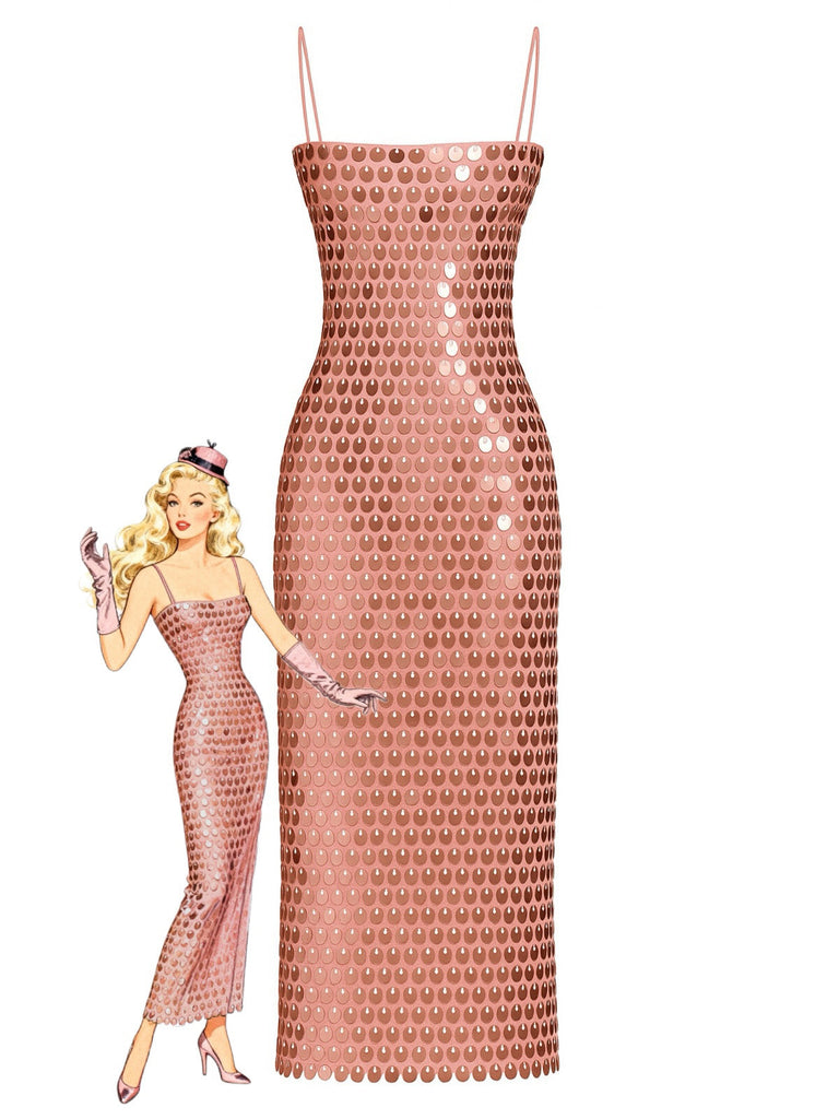 1930er Solide Pailletten Rücken Schlitz Spaghetti Träger Kleid