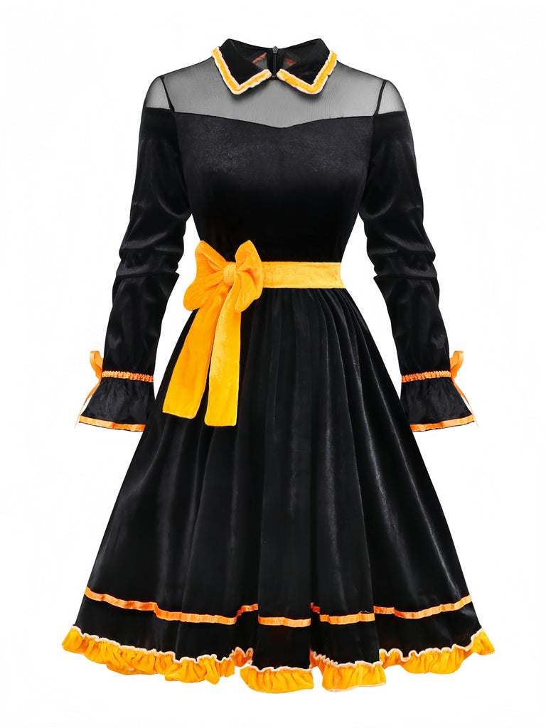 Schwarz 1940er Revers Bogen Patchwork Kleid