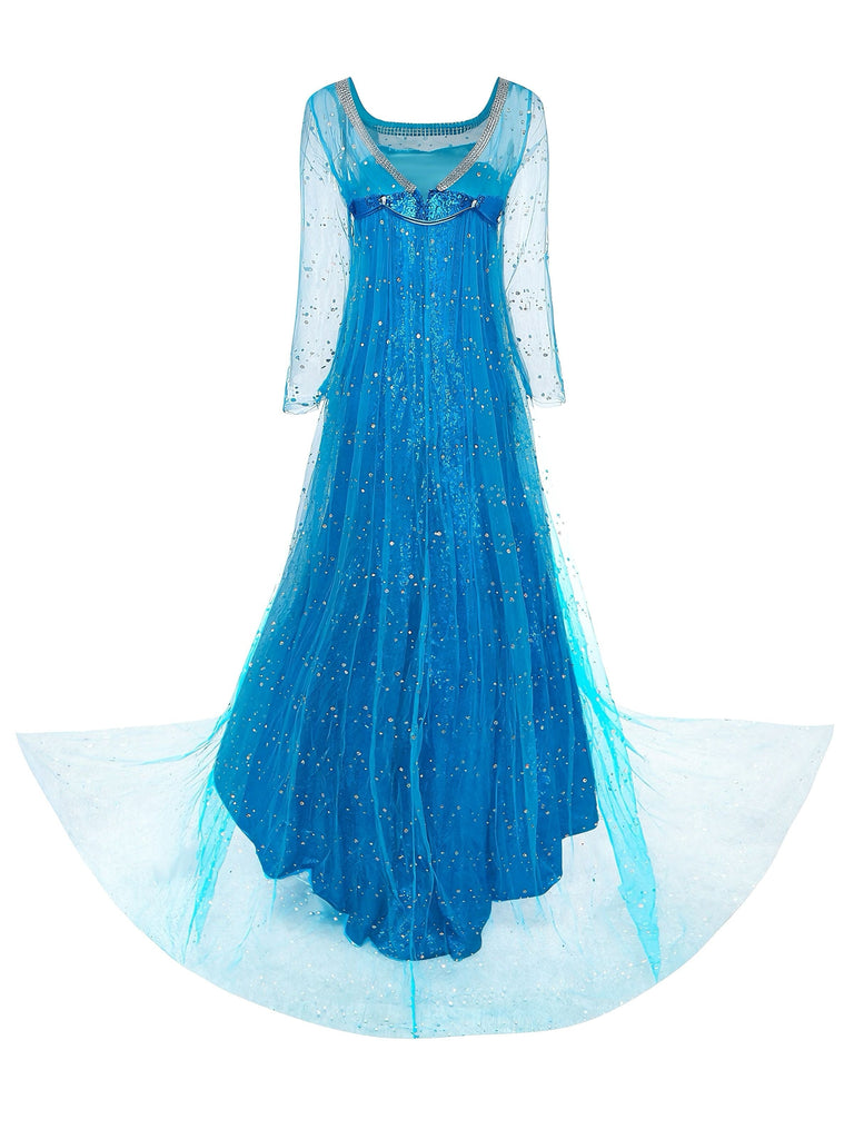 Blau 1970er Solide Pailletten Elsa Cape & Kleid