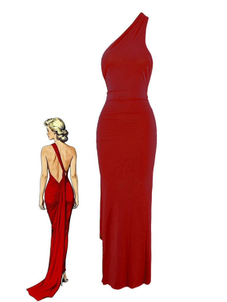 1980er Solide Eine Schulter Rückenfrei Abend Kleid mit Schleppe