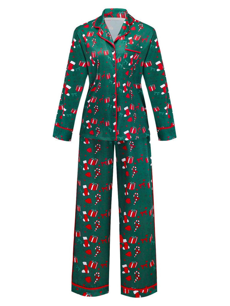 Grün 1940er Weihnachten Muster Pyjama Set
