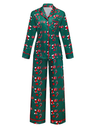 Grün 1940er Weihnachten Muster Pyjama Set
