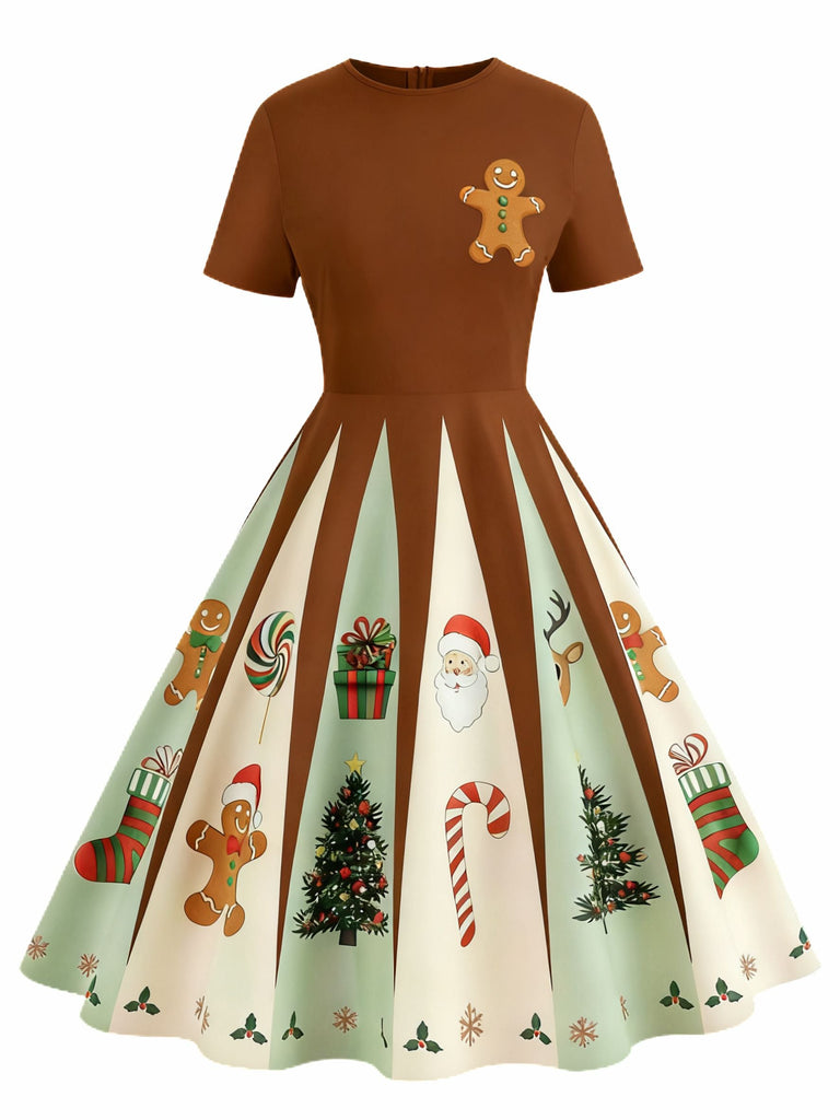 [Vorverkauf] Braun 1950er Weihnachten Lebkuchen Swing Kleid
