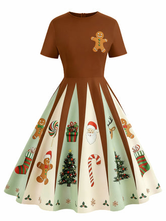 [Vorverkauf] Braun 1950er Weihnachten Lebkuchen Swing Kleid