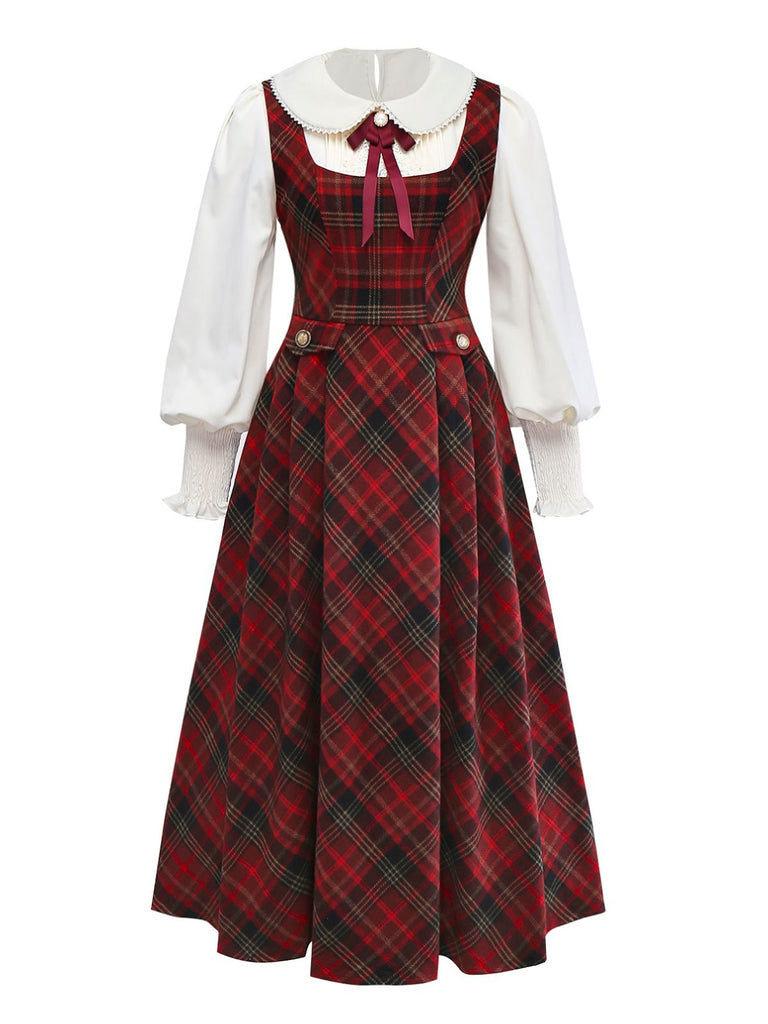 2PCS Rot 1940er Peter Pan Kragen Bluse & Plaid Swing Kleid