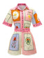 2PCS 1970er Boho Blumen Bluse & Gürtel Shorts
