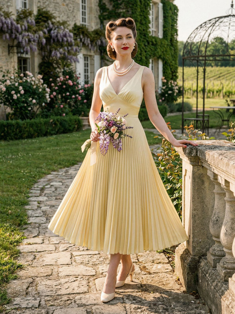 Ein Model trägt das hellgoldene Plisseekleid in einer Gartenkulisse im Freien und hält einen Blumenstrauß.