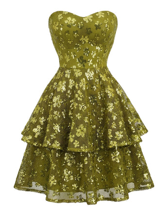 Chartreuse 1960er Pailletten Abend Party Mini Kleid
