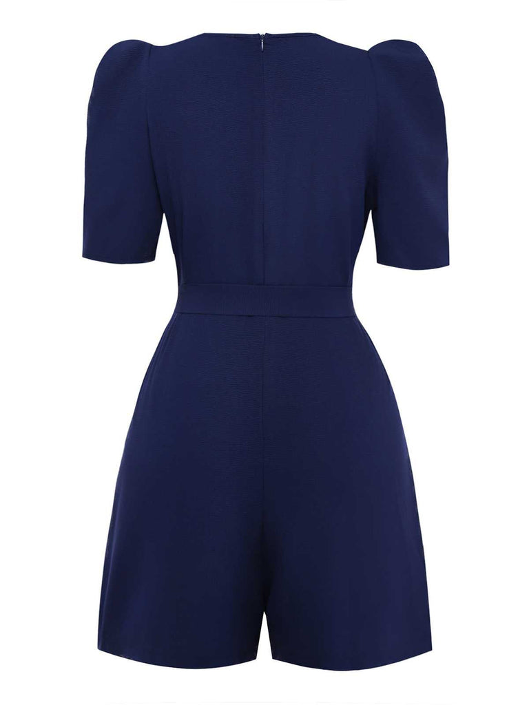 Marineblau 1980er Solide Gürtel Romper