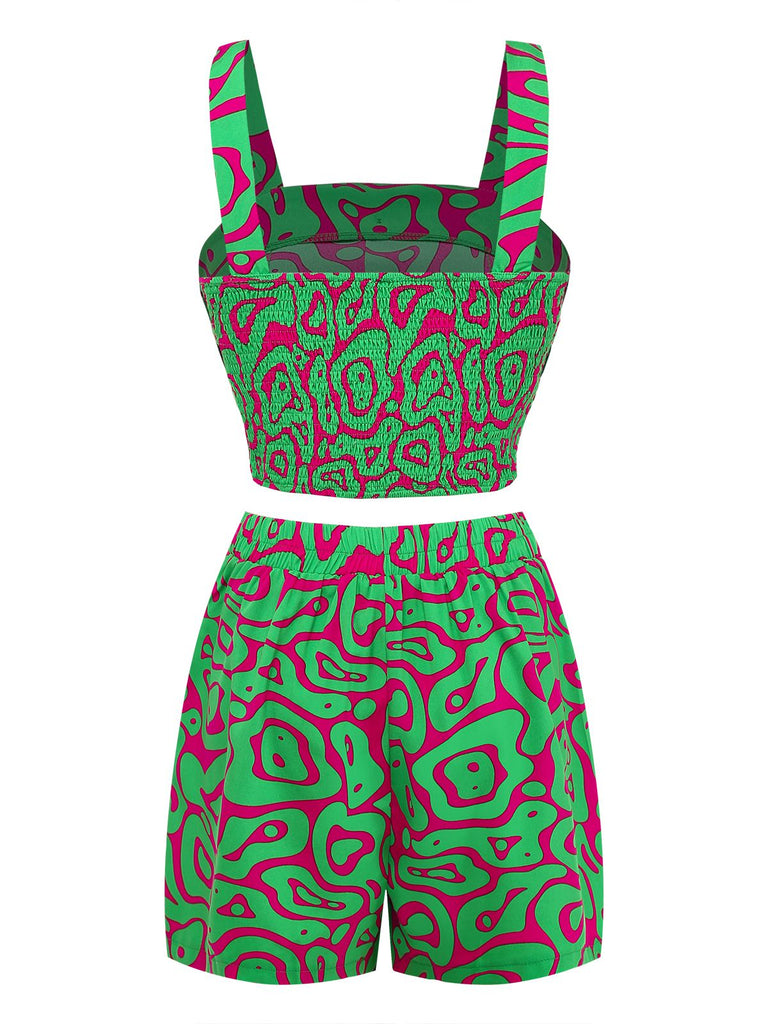 2PCS Grün 1970er Abstrakt Muster Kurz Top & Shorts