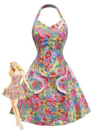 Mehrfarbig 1960er Halter Blumen Bogen Herz Kleid