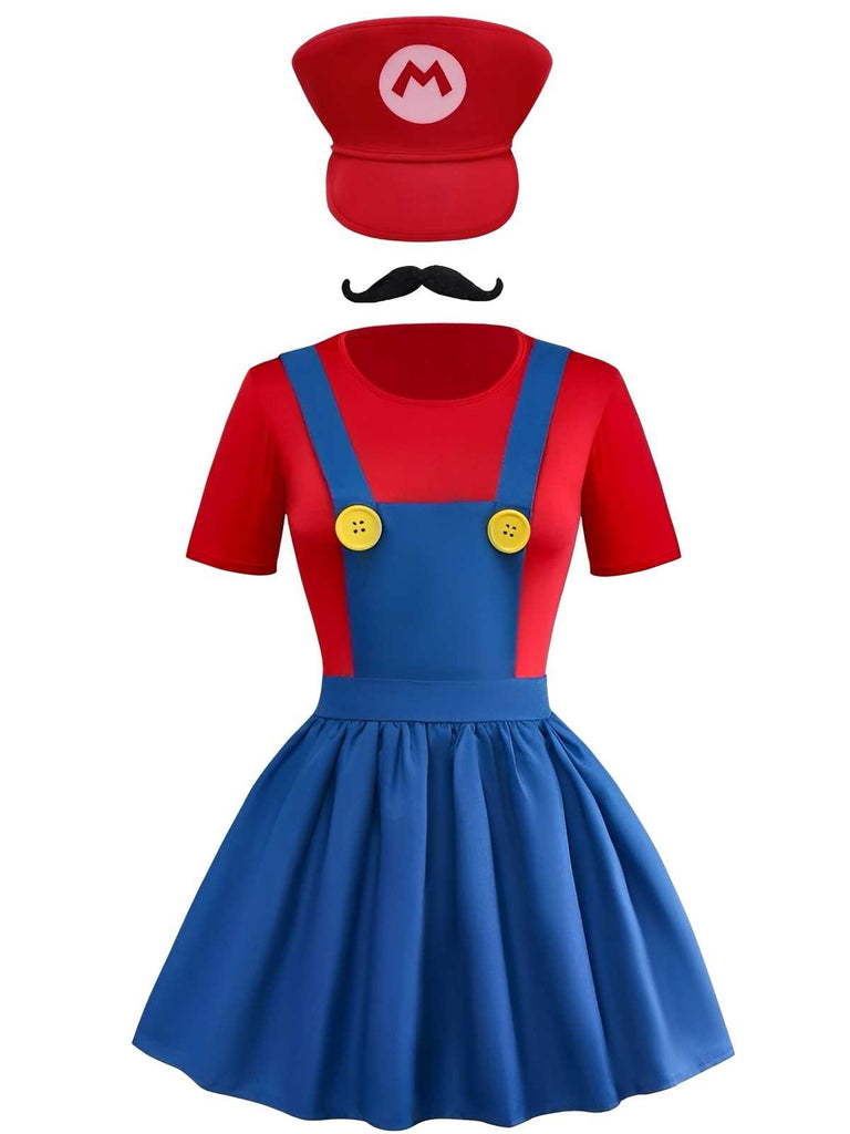 Rot & Blau 1970er Mario Latzkleid Set Mit Hut