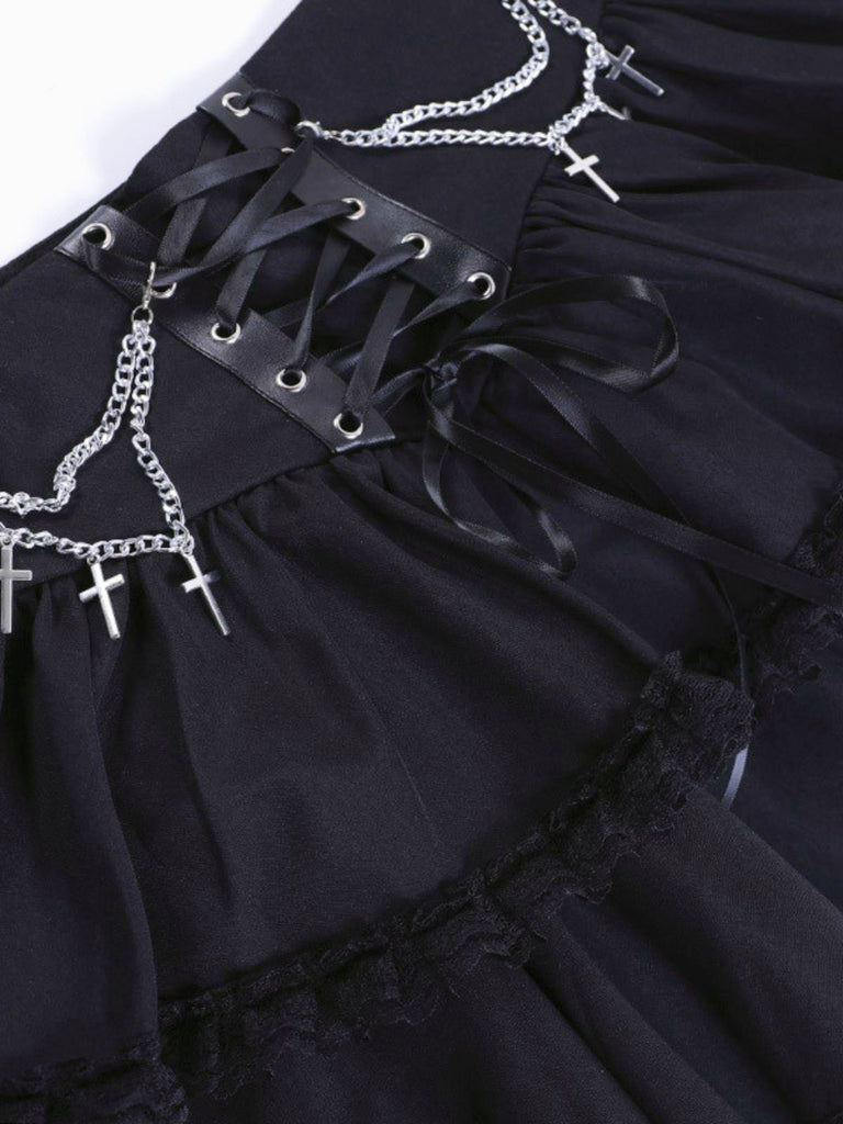 Schwarz 1980er Gothic Chain Kreuz Spitze Lagen Rock