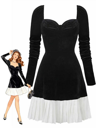 Schwarz 1960er Herzförmiger Hals Samt Plissiertes Saum Kleid