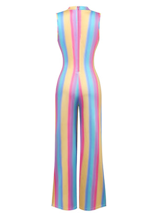 1970er Regenbogen Streifen Ärmellos Weites Bein Jumpsuit