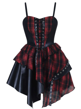 1980er Gothic Punk Leder Plaids Korsett Kleid