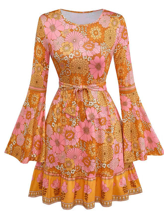 Orange 1960er Hippe Glockenärmel Blumen Kleid