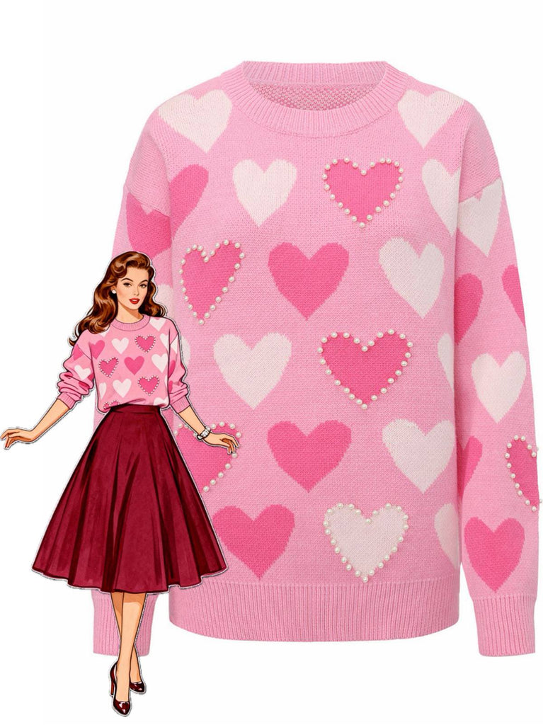 Rosa 1950er Valentinstag Herz Perle Pullover