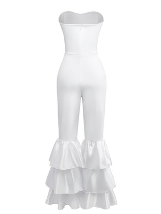 1970er Boho Trägerloses Solide Plissiertes Rüschen Jumpsuit