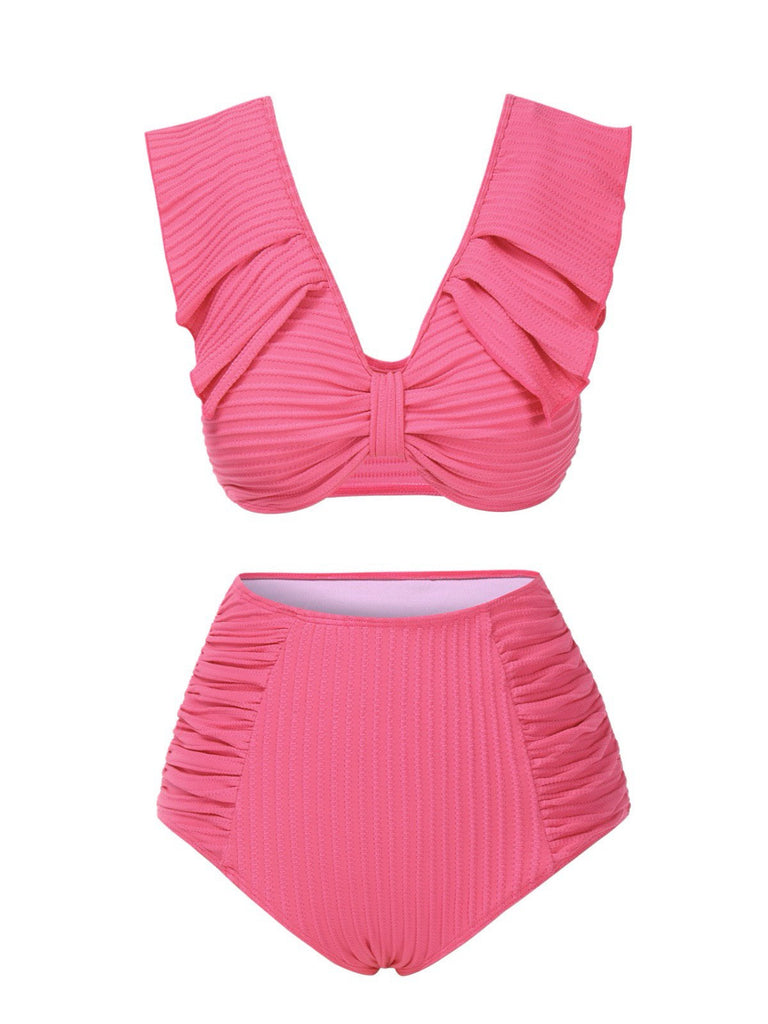Rosa 1940er Solide Rüschen Bogen Gerüschtes Bikini Set