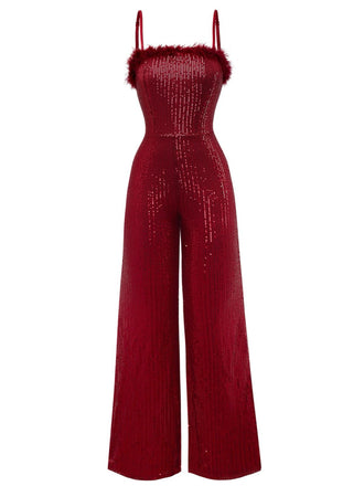1970er Pailletten Fell Trimmen Patchwork Spaghetti Träger Jumpsuit