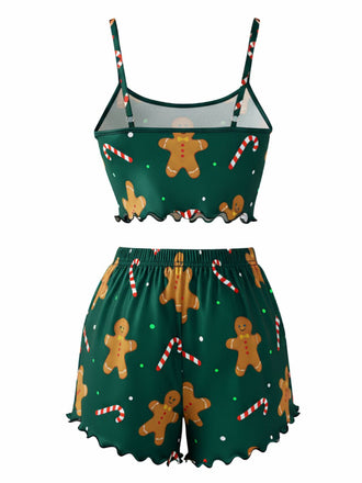 Grün 1970er Lebkuchenmann Keksbonbons Satin Pyjama Set