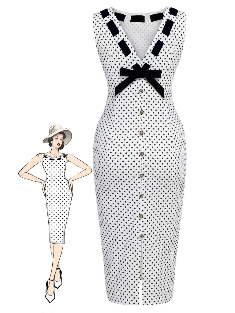Weiß 1960er Polka Dot Knopf Bleistiftkleid