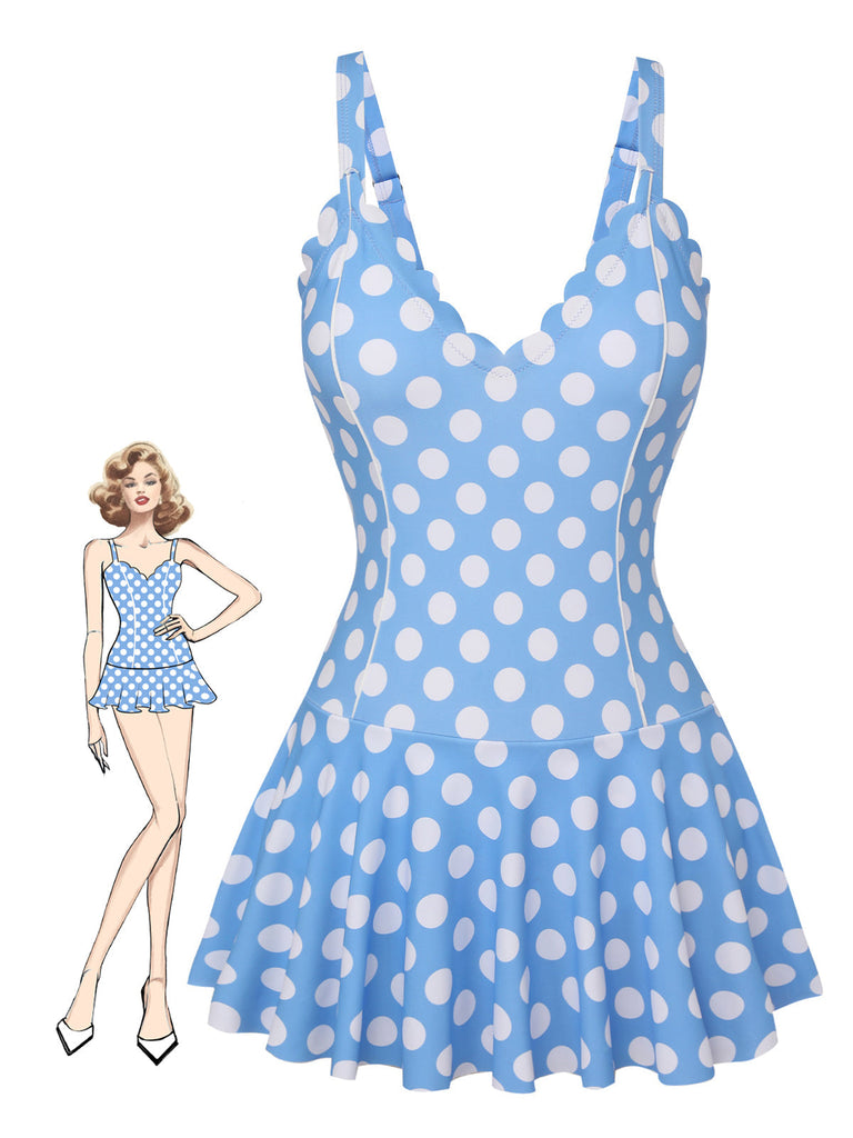 Blau 1960er Polka Dot Blütenblatthals Badeanzug