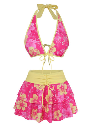 [Vorverkauf] Rosa 1960er Blumen Druck Bindefront Geschichtet Bikini Set