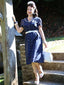 Blau 1940er Baumwolle Puffärmel Revers Blumen Kleid