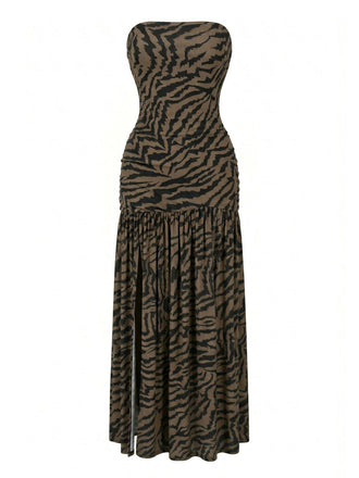 Dunkelbraun 1930er Trägerlos Zebra Muster Netz Schlitz Kleid