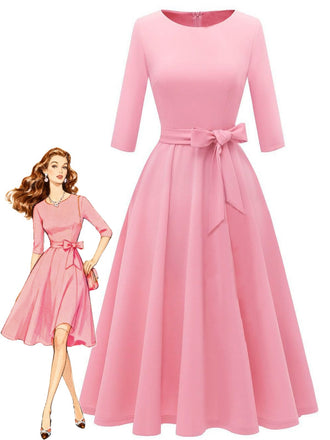 1940er Solide Passform Bogen 3/4 Ärmel Swing Kleid