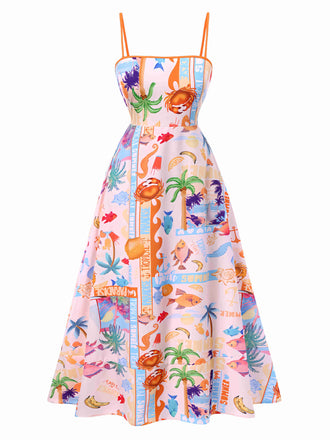 Mehrfarbig 1970er Ozean Live Hosenträger Maxi Kleid