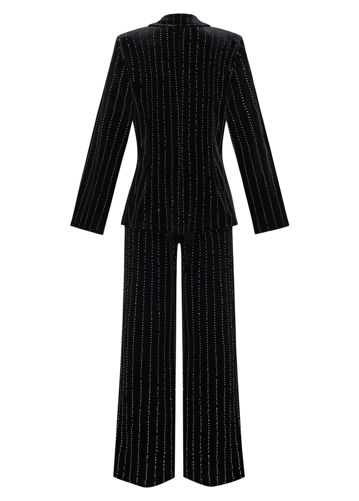 2PCS Schwarz 1960er Samt Pailletten Blazer & Hose Set