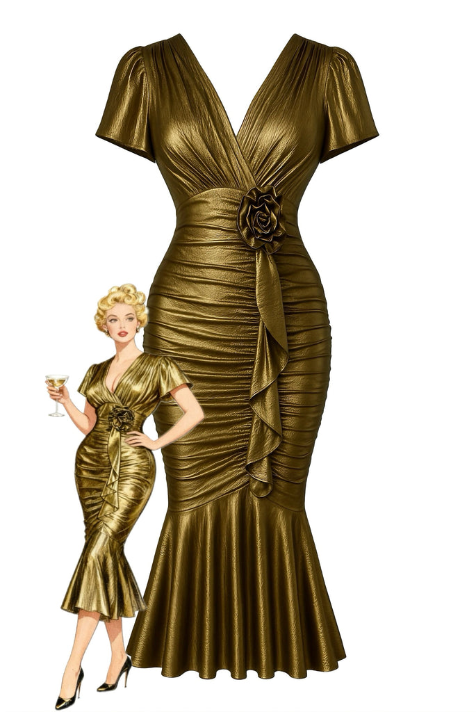 1930er Metallic Strukturiert Blumen Tailliert Fischschwanz Kleid