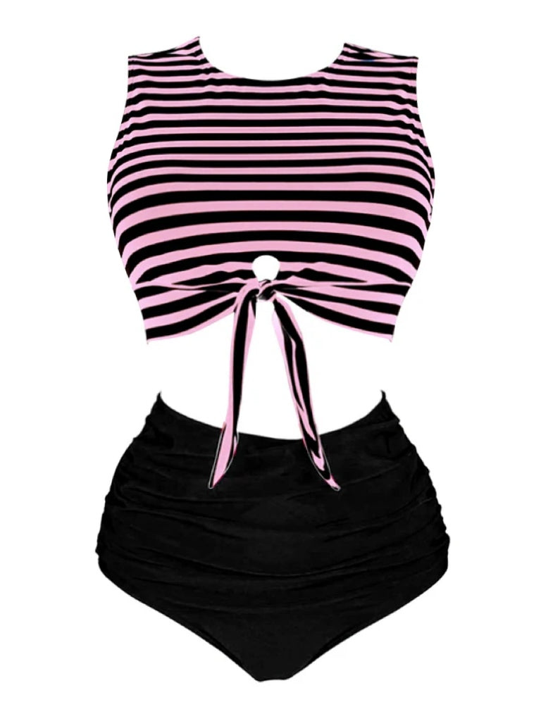 [Übergröße] Rosa & Schwarz 1970er Gestreifter Taillengürtel Patchwork Bademode