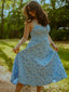 Blau 1950er Blumen Jacquard Strukturiert Spaghetti Träger Midi Kleid