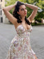 Mehrfarbiges 30er Maxikleid mit Neckholder und Blumen