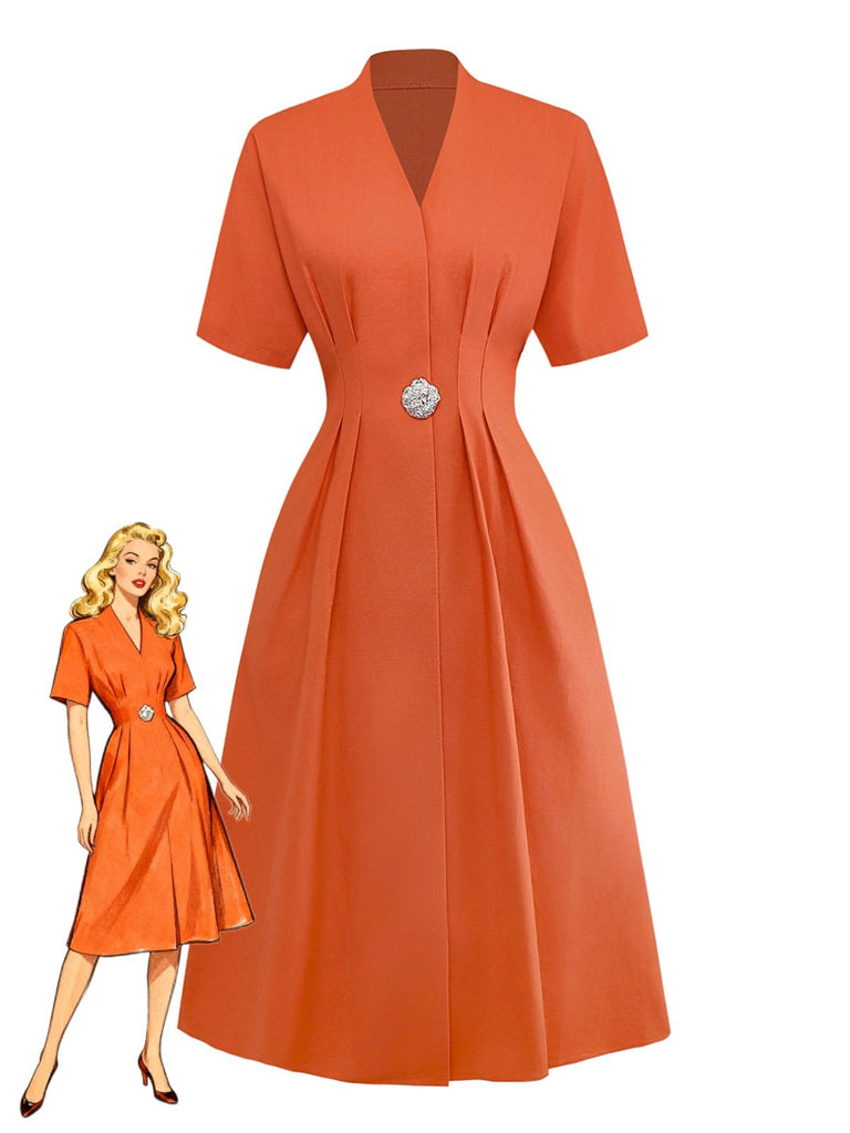 Orange 1940er Solide V-Ausschnitt Brosche Knopf Kleid