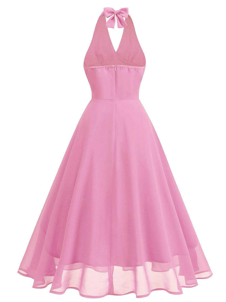 1950er Solide Halter V-Ausschnitt Netz Rückenfrei Kleid