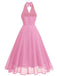 1950er Solide Halter V-Ausschnitt Netz Rückenfrei Kleid