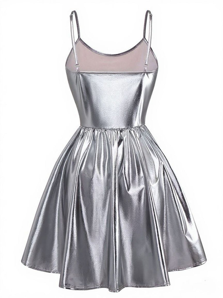 Blau 1980er Metallisch Spaghetti Träger Party Kleid