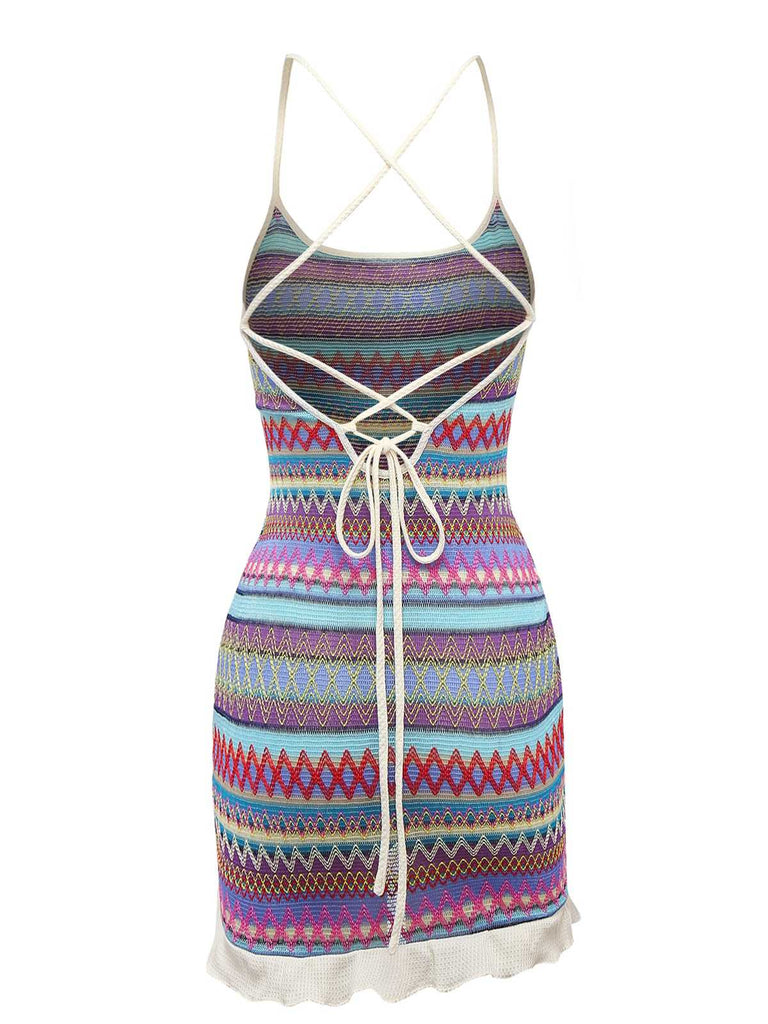 Lila 1970er Spaghetti Träger Boho Kordelzug Kleid