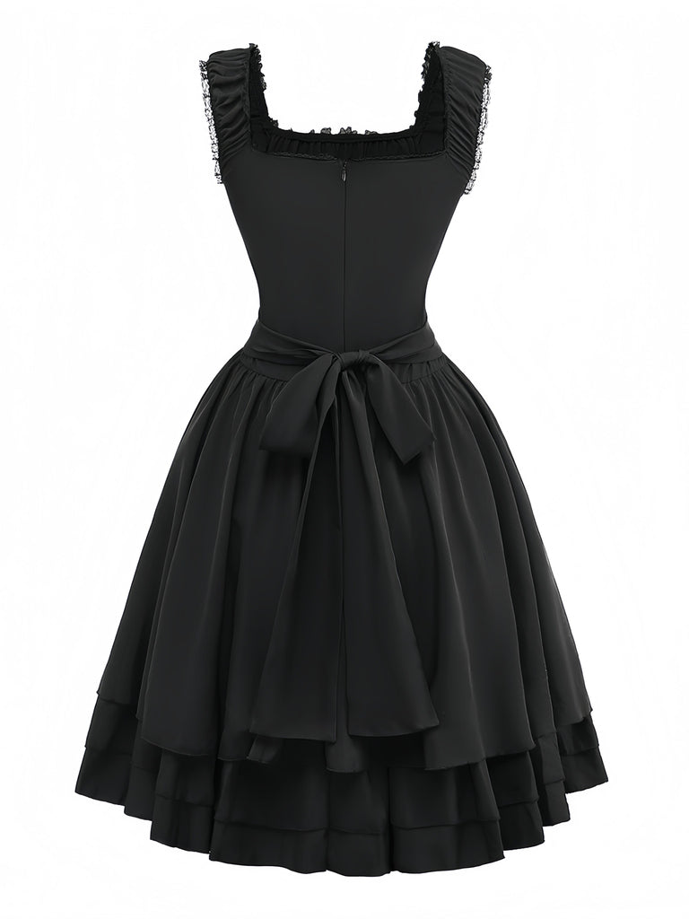 Schwarz 1950er Solide Gothic Schnürung Kleid